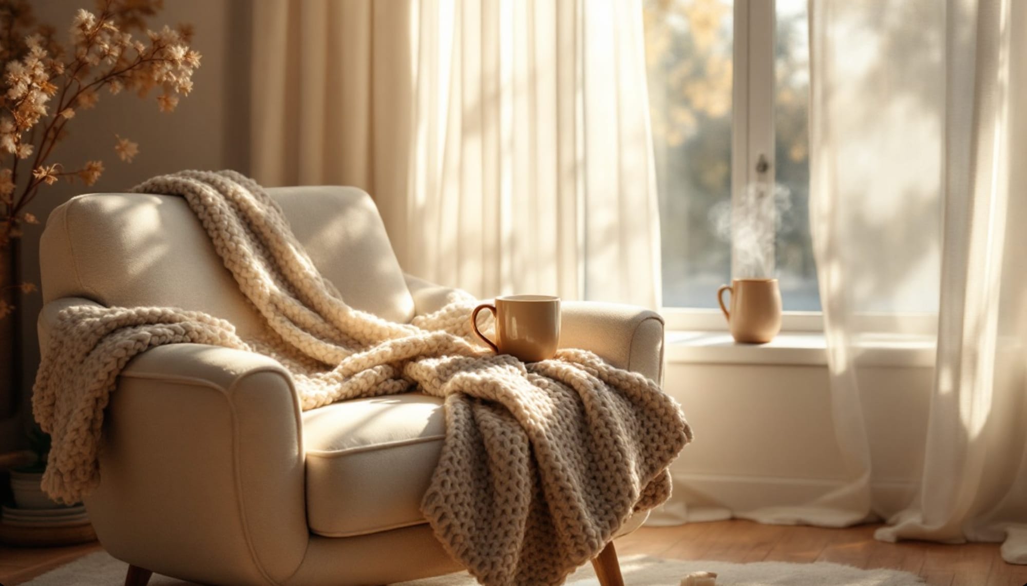 A cream armchair draped with a chunky knit blanket beside a sunlit window — soft morning light through sheer curtains