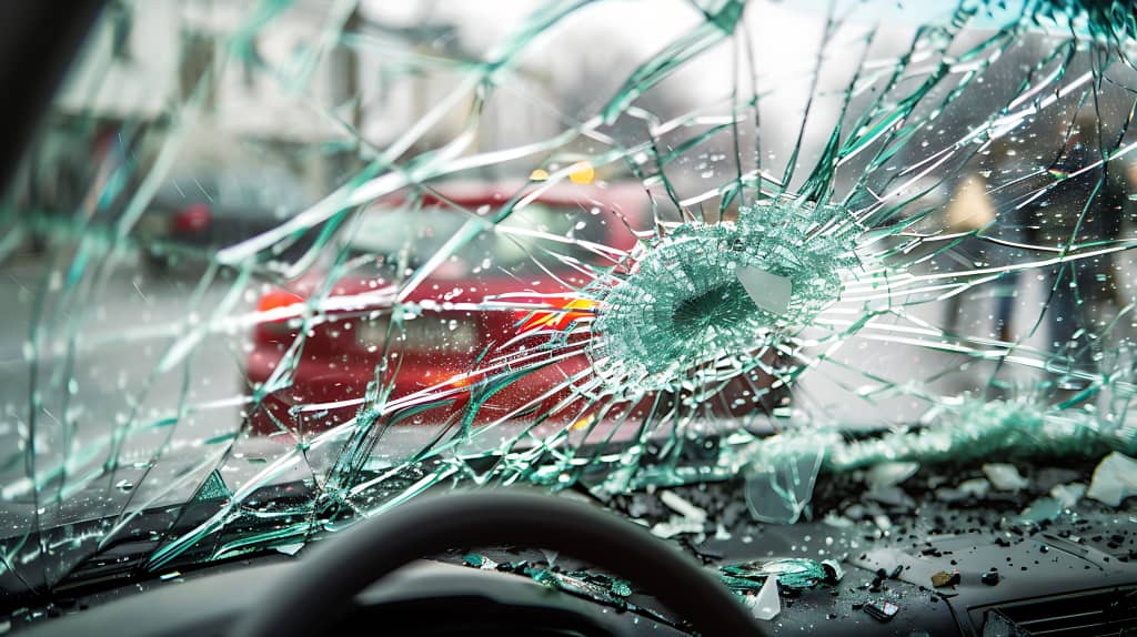 Shattered car windshield from inside, sunlight filtering, high detail, ultra-realistic