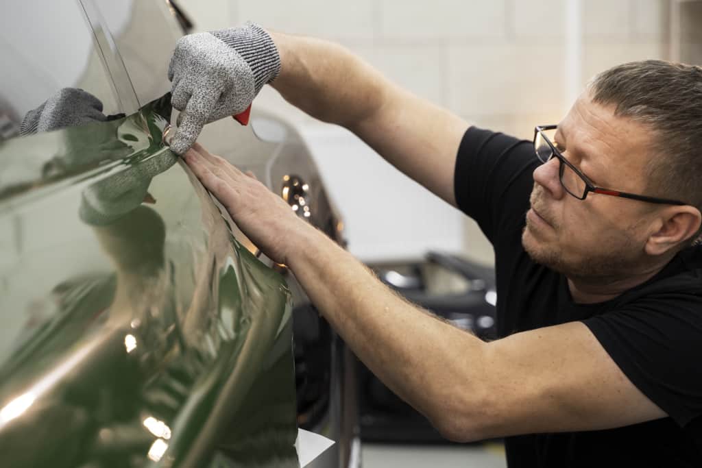 a person working on car windshield