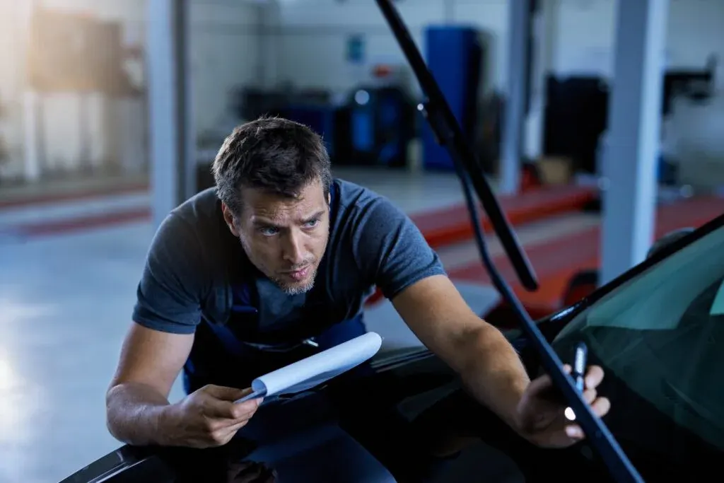 A technician carefully examining a windshield crack using a diagnostic tool to assess the damage and determine the best course of action for repair