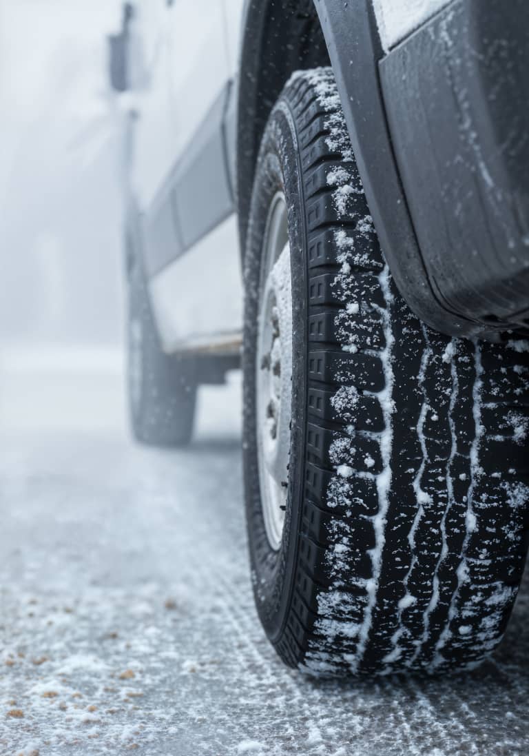 close up-car tire snowy road