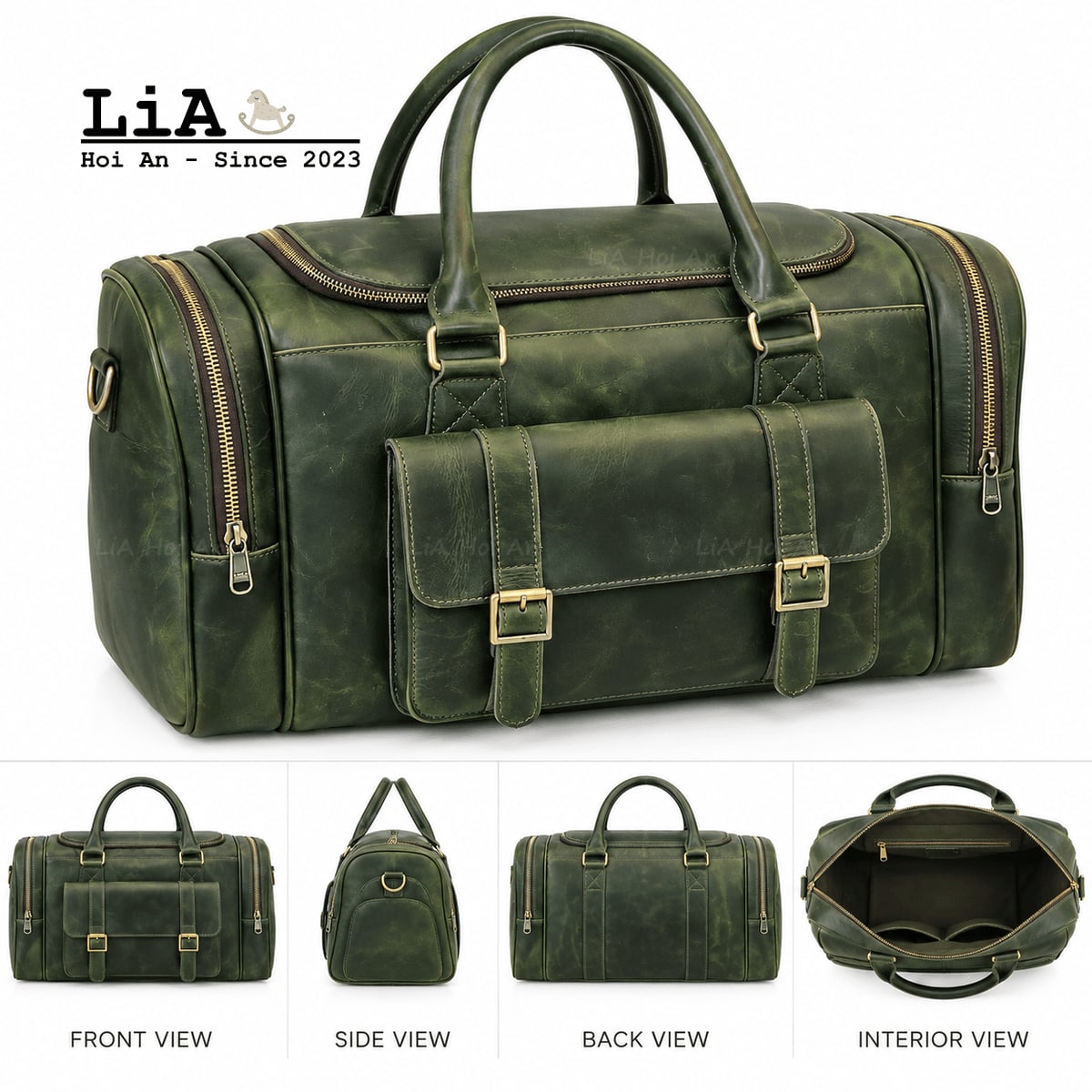 OSAKAYA エキスポスタイル TRAVELA By DOZE GREEN Moss Green Leather Duffle Bag with Front Flap Pocket | LiA Hoi An