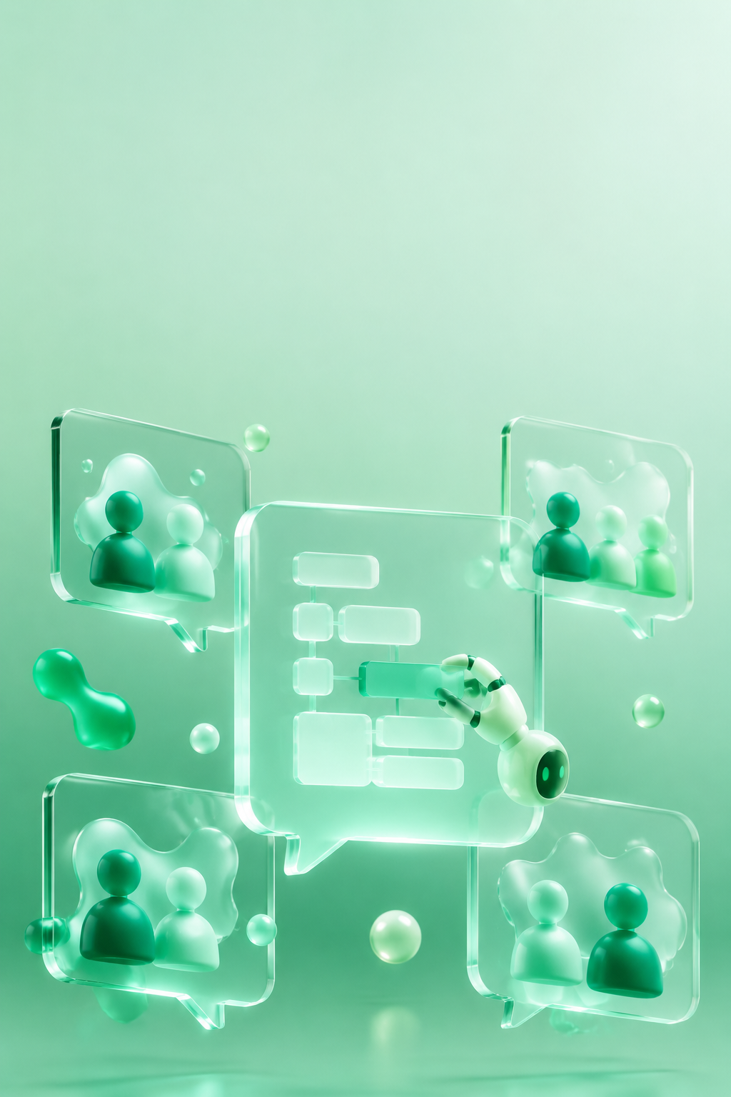 Translucent chat panel channels with a glowing code block being assembled