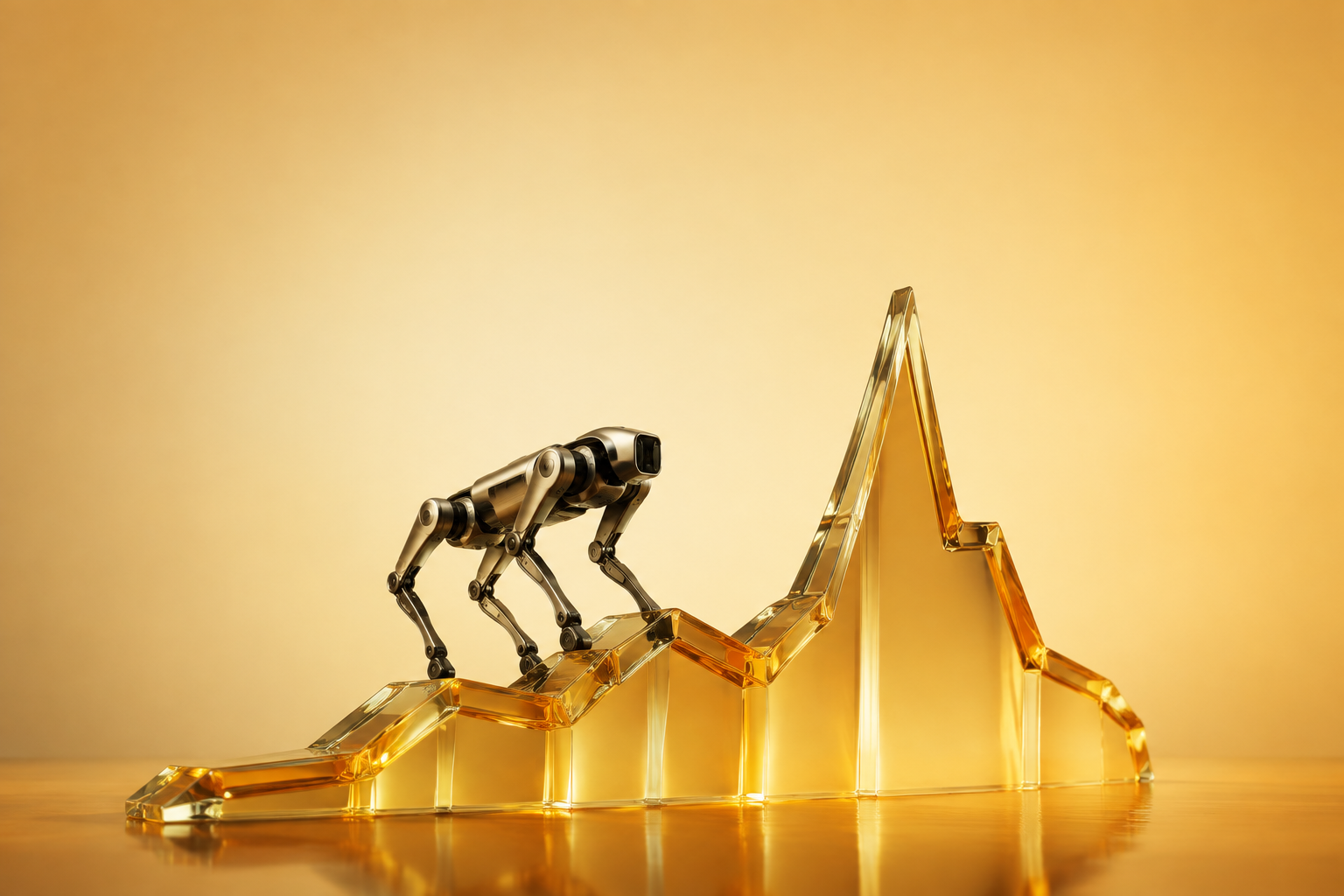 A robot on a stock chart pedestal that spiked then fell