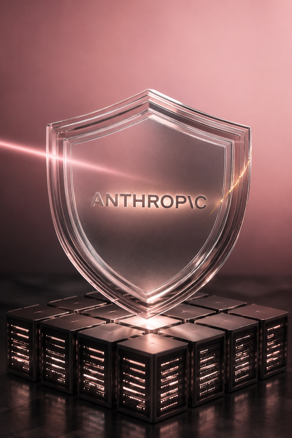 A glass shield bearing the Anthropic logo scanning server racks for flaws