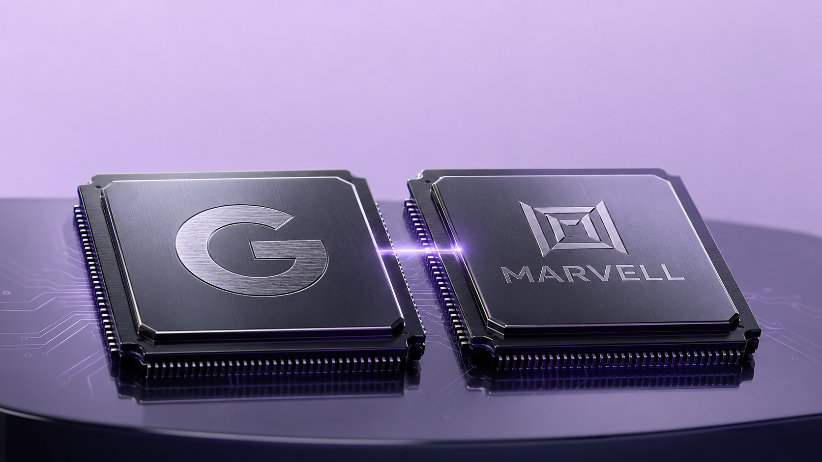 Two custom silicon chips bearing the Google and Marvell logos, connected by a glowing thread
