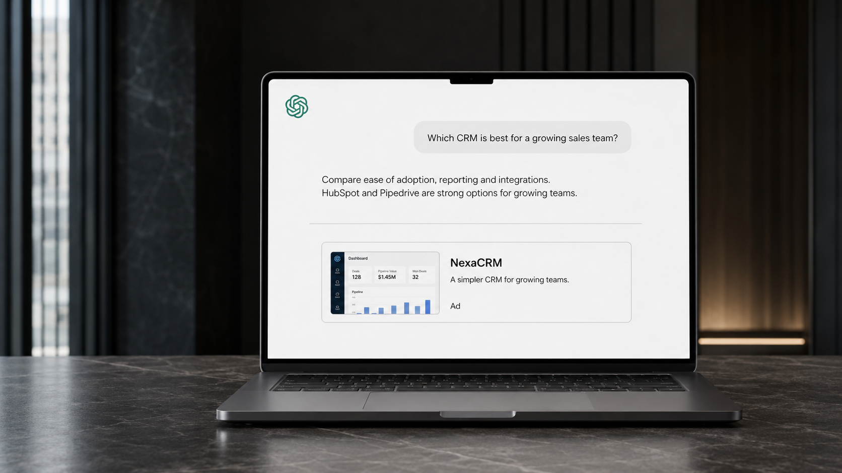 A chat window with advertising placements appearing alongside ChatGPT answers