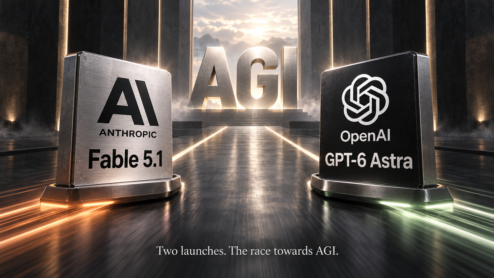 Two frontier AI models, GPT-6 Astra and Claude Fable 5.1, working across a computer desktop