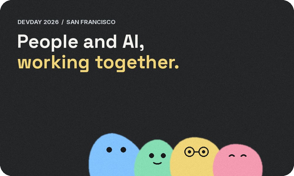 Four friendly rounded characters beneath the words People and AI, working together, from OpenAI DevDay 2026