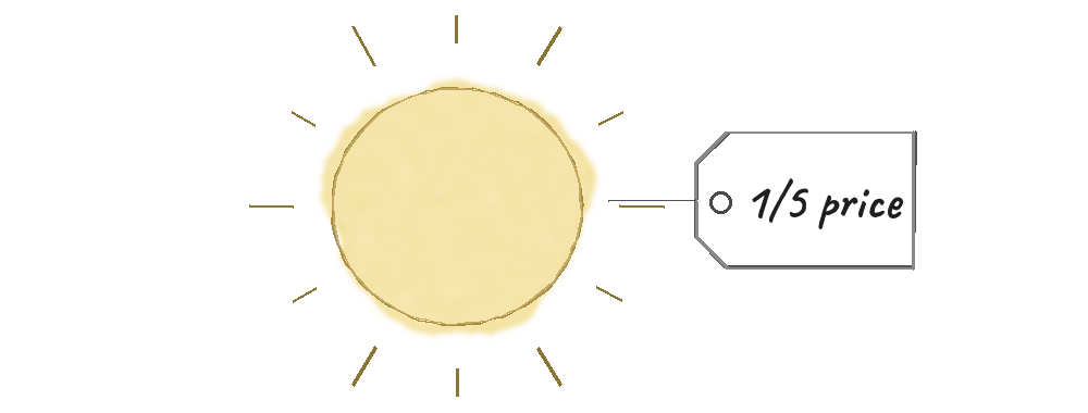 A watercolor sun with a price tag reading one fifth price