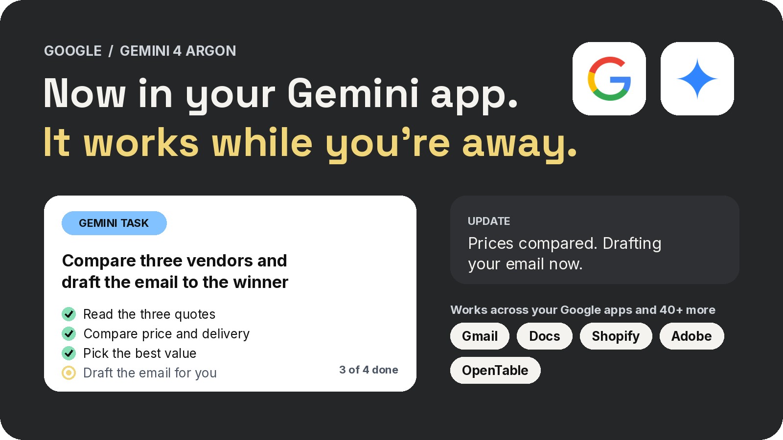 The Google and Gemini logos above a Gemini task that compares three vendors and drafts an email, with three of four steps done and a progress update