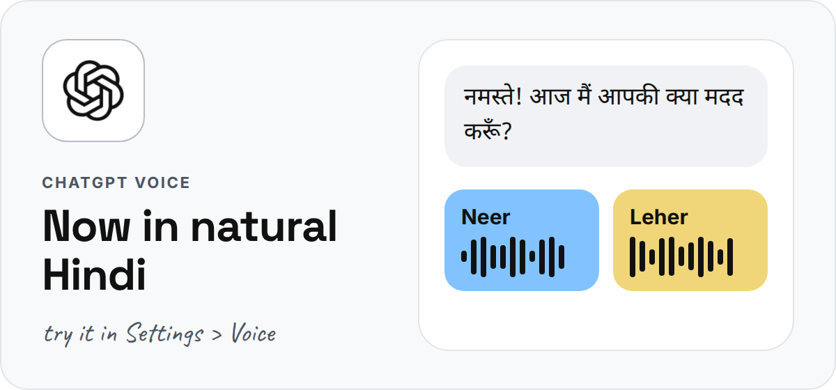The OpenAI logo beside a Hindi greeting and two new voices, Neer and Leher