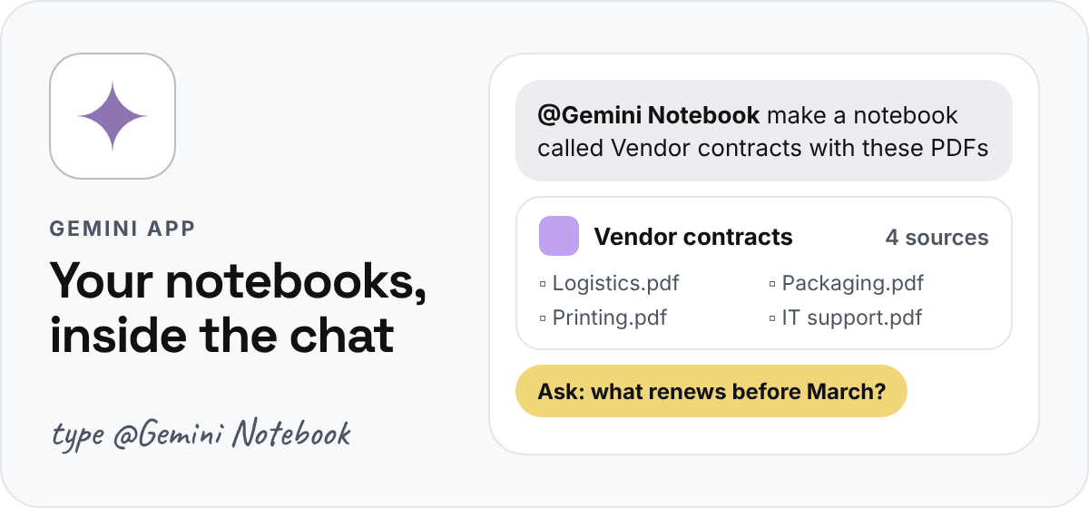 The Gemini logo beside a chat that creates a notebook called Vendor contracts with four PDF sources