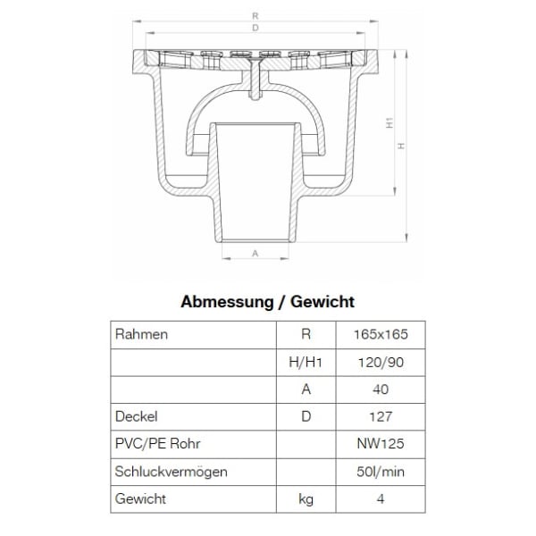 Guss Bodenablauf quadratisch 800-1-B 165/165 mm NW 125 mm-thumbnail
