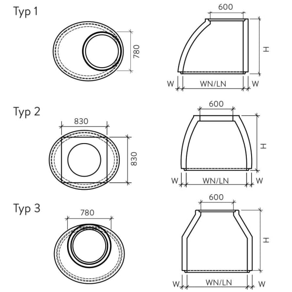 Konus oval exzentrisch, Typ 1 gerundet WN 90 cm LN 110 cm H 100 cm W 9cm-thumbnail