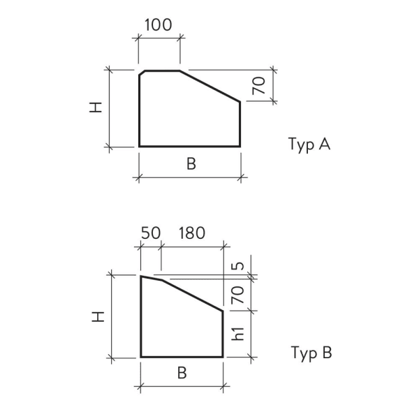 Inselstein Typ B Gerade grau L 100 cm B 23 cm H 23 cm h1 15.5 cm -thumbnail