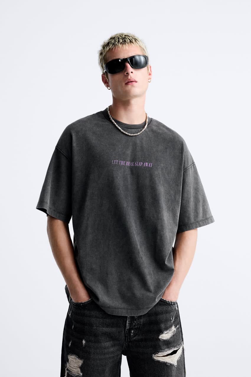 ACID WASH T-SHIRT WITH SLOGAN Grey - Image 1