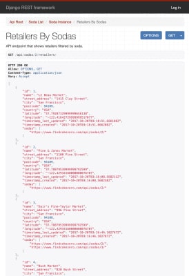 FindCokeZero API showing sodas organized by retailer