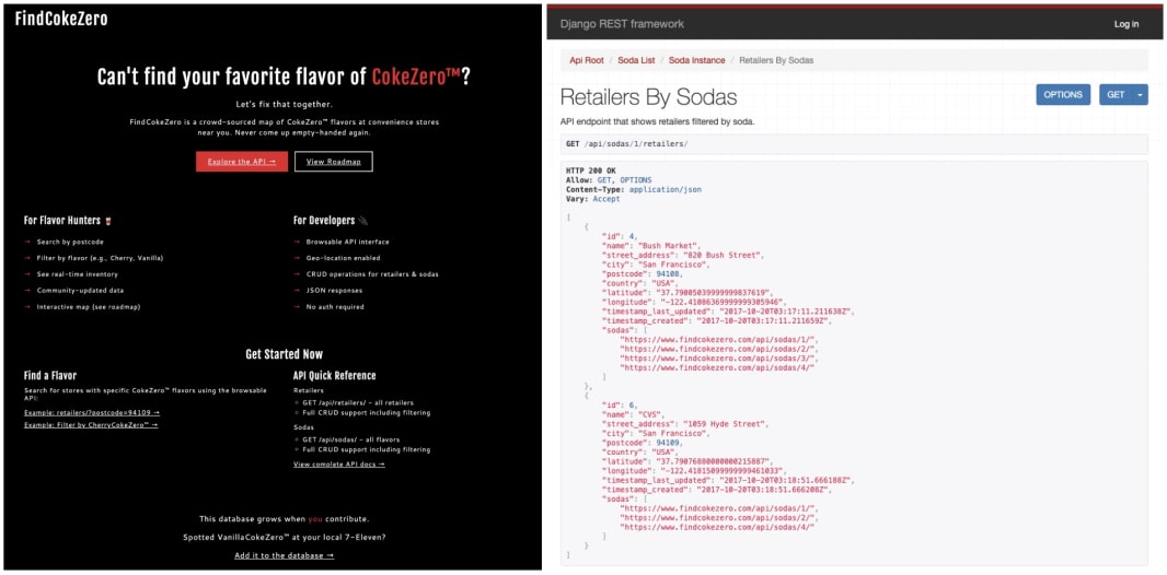 landing page on left; admin on right demonstrating filtering