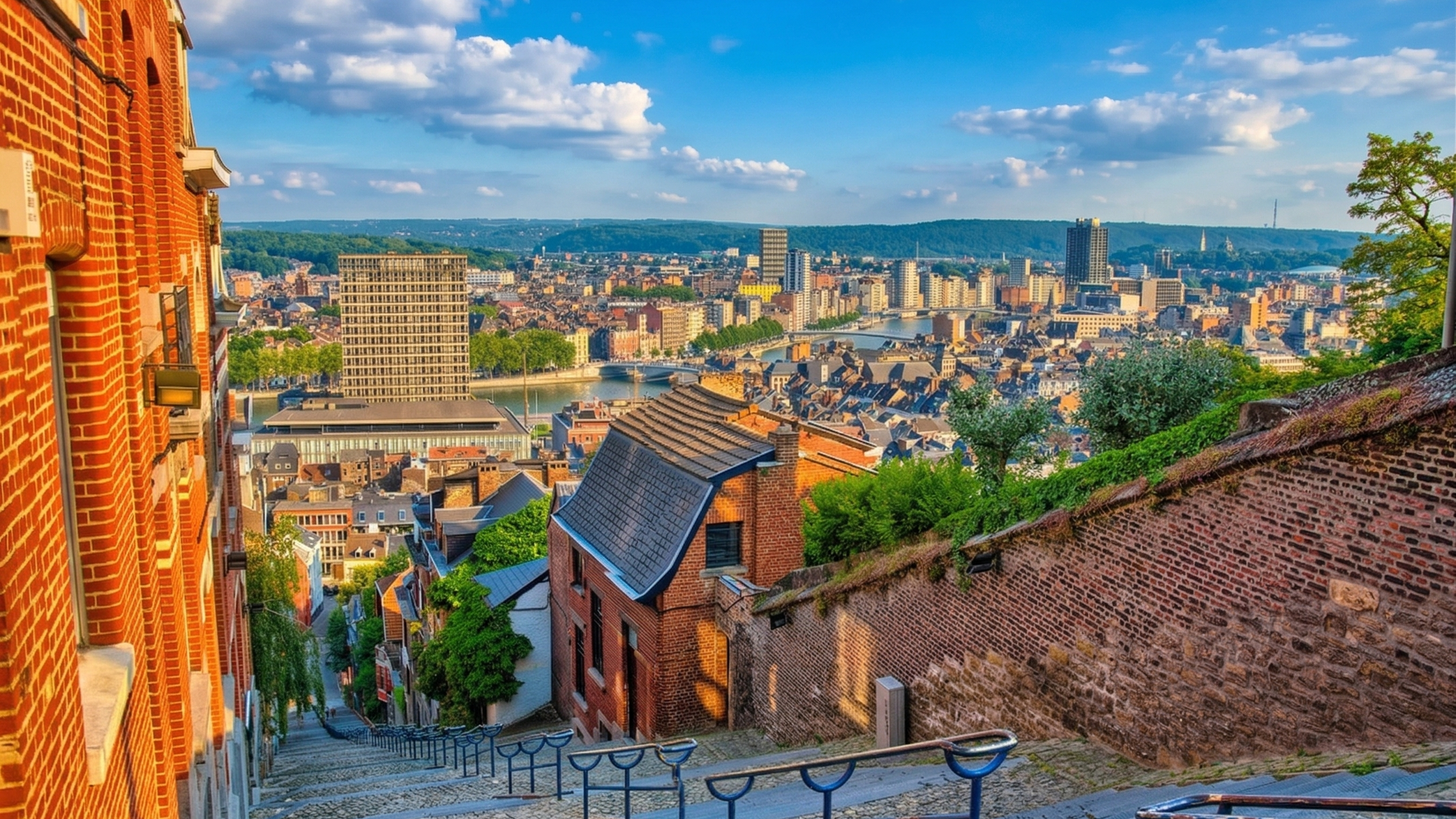 Aerial view of Liège city centre with red brick rooftops and the Meuse river, Belgium