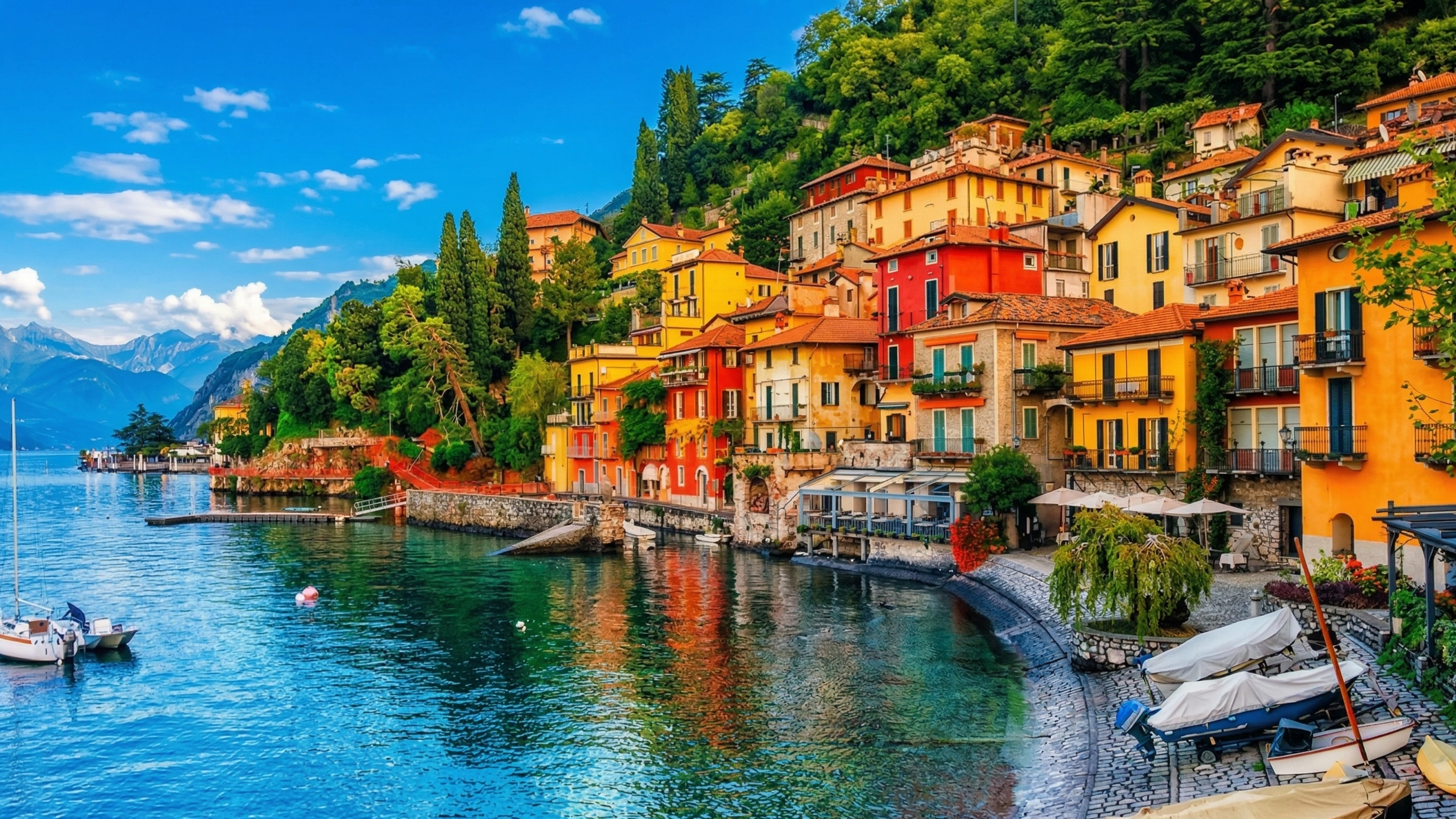 Bellagio Lake Como colorful waterfront buildings with green hills and turquoise lake Lombardy Italy