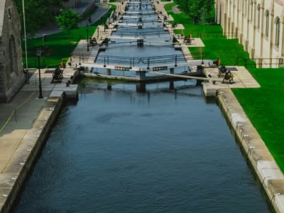 Rideau Canal locks aerial view with green lawns, Ottawa, Ontario, Canada