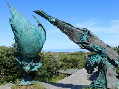 Bronze bird sculpture on coastal boardwalk, L'Anse aux Meadows, Newfoundland