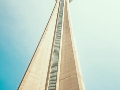 CN Tower antenna spire close-up from below, Toronto, Ontario, Canada