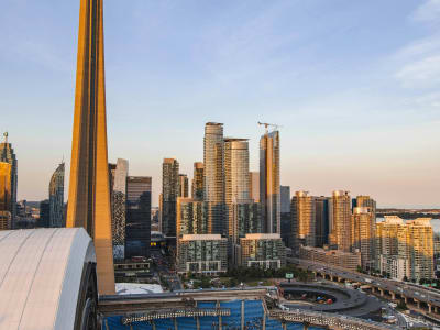 Toronto downtown skyline at golden hour from elevated viewpoint, Ontario, Canada