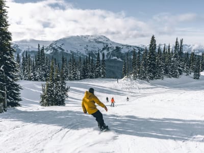 Skier on a groomed slope at Whistler Blackcomb with panoramic mountain views, one of Canada's top family ski resorts