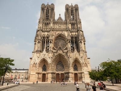 Gothic facade of the Cathedral of Notre-Dame de Reims, a UNESCO World Heritage Site in Champagne, France