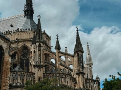 Gothic stone facade and spires of Reims Cathedral up close on a cloudy day, Champagne France
