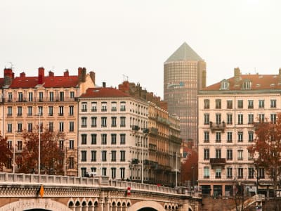 Classic Haussmann-style facades along the Quai de Saône in Lyon with a stone bridge and autumn colors, France