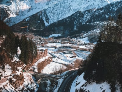 Aerial view of winding ski runs through snow-covered pine forests on the slopes of Mont Blanc, French Alps