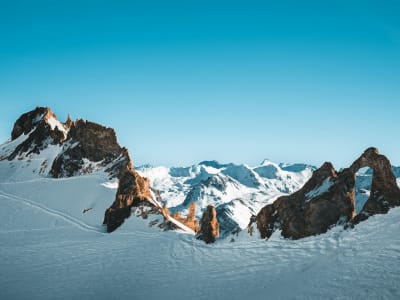 Dramatic snow-capped rocky peaks viewed from above in the Val d'Isère ski area, French Alps