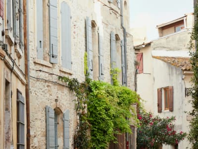 Sun-drenched street in Aix-en-Provence with blue shutters, ivy-covered stone facades and Provence charm, France