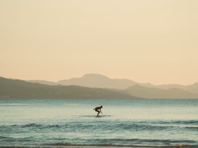 Surfer riding a wave at sunset with the Pyrenees mountains silhouetted on the horizon, Biarritz France
