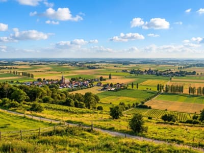 Scenic aerial view of the rolling green countryside and villages of West Flanders, Belgium in summer