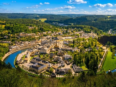 Aerial view of Bouillon town in the winding Semois river valley in the Belgian Ardennes