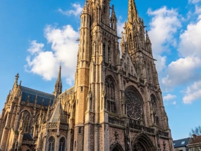 Gothic facade and twin towers of Sint-Petrus-en-Pauluskerk cathedral in Ostend, Belgium