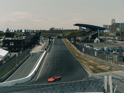 Aerial view of Circuit Zandvoort Formula 1 race track with the banked Hugenholtz corner, Netherlands