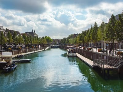 Tree-lined canal with moored boats leading through the historic centre of 's-Hertogenbosch, Noord-Brabant, Netherlands