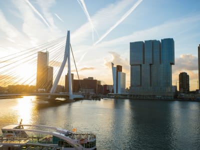 The Erasmus Bridge spanning the Maas river with the Rotterdam skyline at sunset, Netherlands