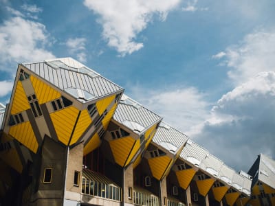 The iconic yellow Cube Houses designed by Piet Blom in the city centre of Rotterdam, Netherlands