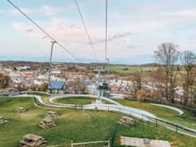 Aerial view of Valkenburg aan de Geul with cable car and the hilly South Limburg landscape, Netherlands