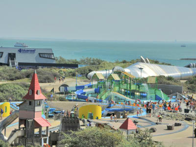 Colourful outdoor water play area and visitor attractions at Neeltje Jans Delta Works theme park, Zeeland, Netherlands