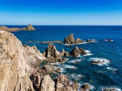 Dramatic volcanic rock formations and turquoise sea at Cabo de Gata, Almería, Andalusia, Spain