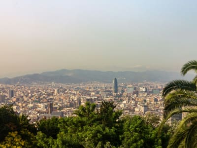 Panoramic aerial view of Barcelona city skyline with Torre Glòries tower and Mediterranean coast