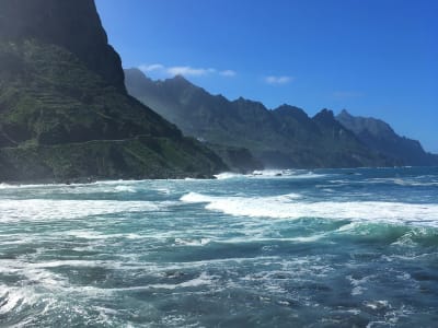 Dramatic cliffs and wild Atlantic ocean waves at Anaga coast Tenerife Canary Islands Spain