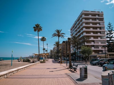Costa del Sol beachfront promenade with palm trees resort hotels and blue Mediterranean sky Spain